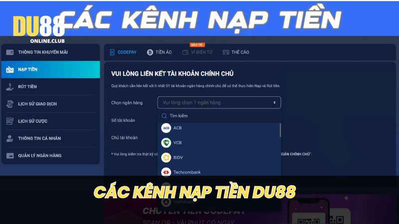 Giới thiệu các kênh nạp tiền tại nhà cái DU88